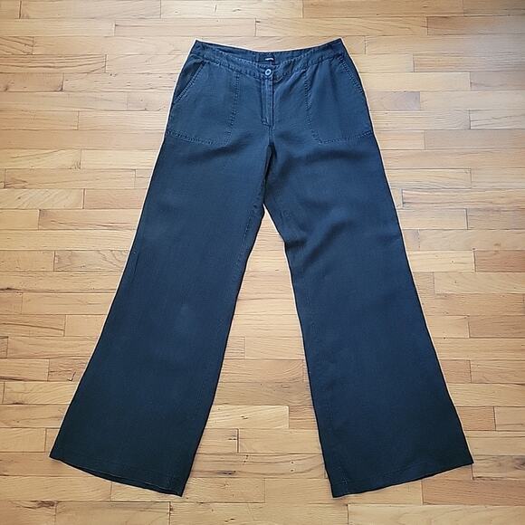 H M Hennes Black Linen Wide Leg Pants Mid Rise Unlined Boho Classic Lagenlook - Picture 1 of 13